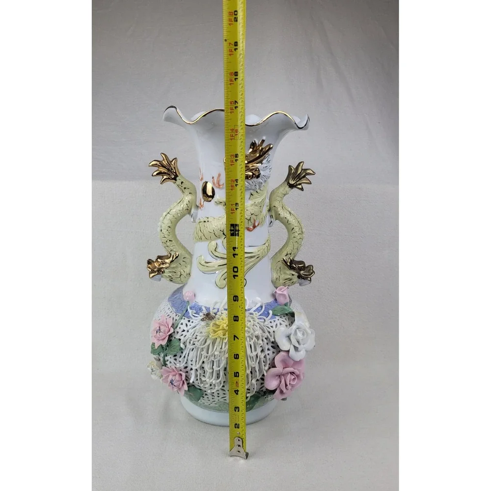 Vintage Large Porcelain Dragon Handle Reticulated Floral Vase Gold‎ Gilt 17 Inch